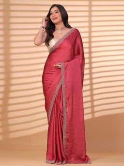 SAREE.COM - Gajri Pink Satin Silk Saree with Diamond and Cutdana Work with Unstitched Blouse