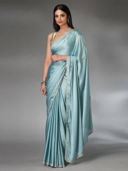 SAREE.COM - Light Blue Satin Silk Saree with Cutdana and Diamond Work with Unstitched Blouse