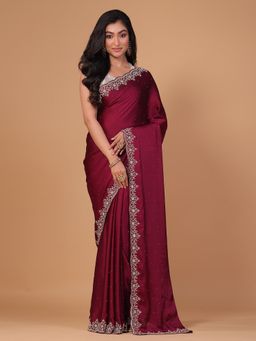 SAREE.COM - Wine Satin Silk Handworked Border Saree with Unstitched Blouse