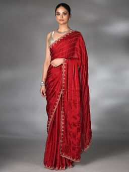 SAREE.COM - Red Satin Silk Cutdana Worked Saree with Unstitched Blouse