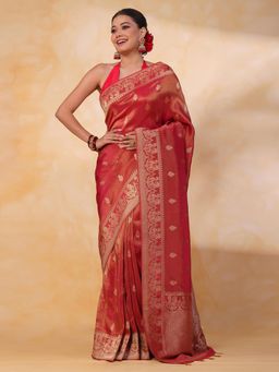 SAREE.COM - Red Tissue Zari Silk Traditional Saree with Peacock Motifs with Unstitched Blouse