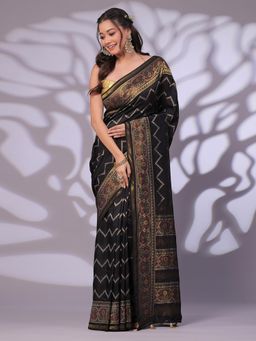 SAREE.COM - Black Muga Silk Chevron Weave Saree with Patola Border and Pallu with Unstitched Blouse