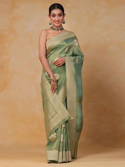 SAREE.COM - Pista Green Tissue Zari Silk Polka Dot Weave Saree with Unstitched Blouse