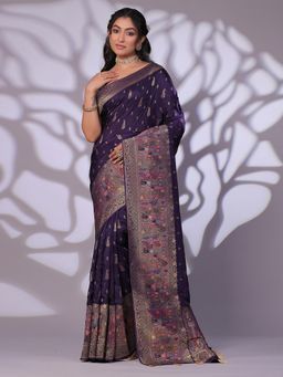 SAREE.COM - Royal Purple Muga Silk Paisley Saree with Weaving Motif Broad Border & Unstitched Blouse
