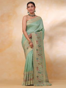 SAREE.COM - Light Green Muga Silk Traditional Saree with Woven Motifs Broad Border & Unstitched Blouse