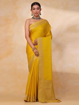 SAREE.COM - Yellow Satin Silk Weave Saree with Unstitched Blouse