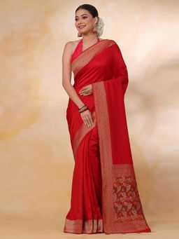 SAREE.COM - Red Silk Traditional Saree with Floral Weave Pallu with Unstitched Blouse