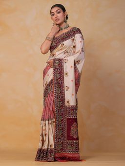 SAREE.COM - Cream and Pink Art Silk Saree with Baraat Inspired Motifs On Border with Unstitched Blouse