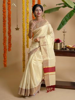 Teejh - Bharathpuzha Kerala Tissue Maroon Saree with Unstitched Blouse
