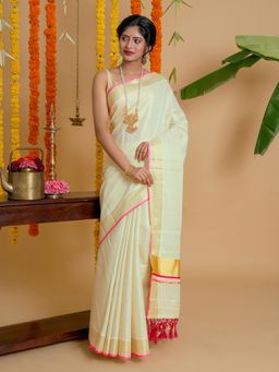 Teejh - Karamana Kerala Tissue Pink Saree with Unstitched Blouse