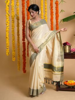 Teejh - Pookode Kerala Tissue Dark Green Saree with Unstitched Blouse