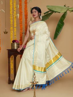 Teejh - Dal Kerala Tissue Blue Saree with Unstitched Blouse