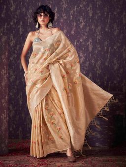 Tikhi Imli - Beige Colored Poly Cotton Woven Designer Saree with Tassels On Pallu & Unstitched Blouse