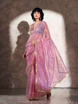 Tikhi Imli - Pink Shimmer Net Saree with Sequence Embroidery and Tassel Lace & Unstitched Blouse