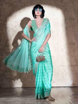 Tikhi Imli - Sea Green Colored Striped Embroidered Saree with Unstitched Blouse