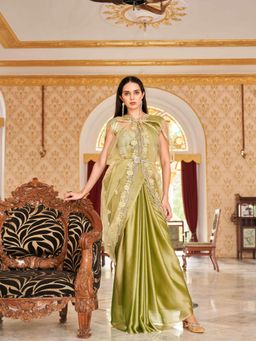 Tikhi Imli - Green Colored Designer Saree & Dupatta with Unstitched Blouse