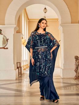 Tikhi Imli - Navy Blue Colored Designer Kaftan Saree & Belt with Unstitched Blouse