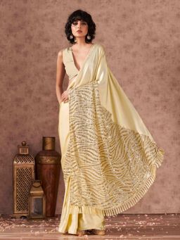 Tikhi Imli - Beige Designer Sequence Embellished Satin Saree with Tassels On Pallu & Unstitched Blouse