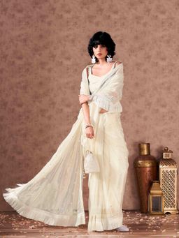 Tikhi Imli - Off White Supernet Saree with Faux Mirror Embroidery and Tassels Lace & Unstitched Blouse