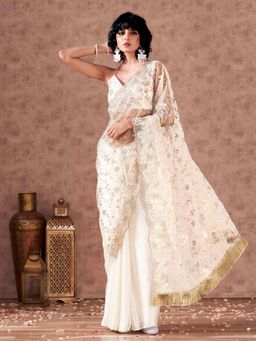 Tikhi Imli - Off White Colored Net and Satin Half and Half Embroidered Saree with Unstitched Blouse