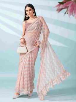 Tikhi Imli - Ready To Wear Peach Colored Lycra Embellished Saree with Lace with Unstitched Blouse