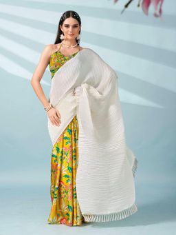 Tikhi Imli - Cream & Yellow Floral Print Half and Half Crepe Saree with Tassels with Unstitched Blouse