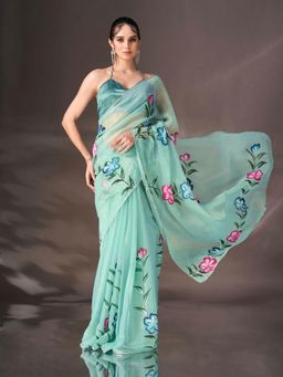 Tikhi Imli - Sea Green Shimmer Chiffon Saree with Hand Print and Scalloped Border & Unstitched Blouse