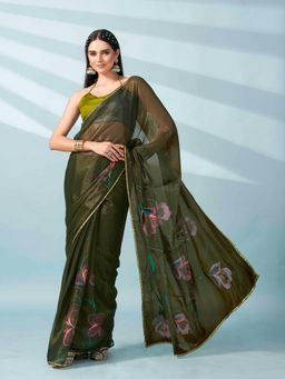 Tikhi Imli - Green Shimmer Chiffon Saree with Hand Print and Scalloped Border & Unstitched Blouse