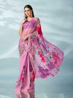 Tikhi Imli - Pink Shimmer Chiffon Saree with Hand Print and Scalloped Border & Unstitched Blouse