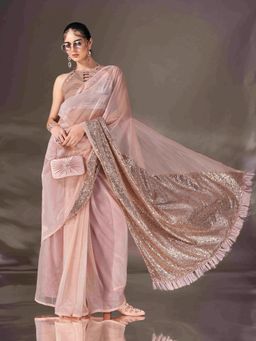 Tikhi Imli - Pink Colored Shimmer Net Saree with Sequin Embroidery with Unstitched Blouse