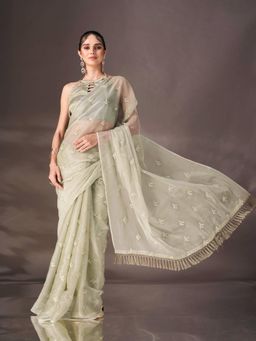 Tikhi Imli - Green Sequin Embroidered Shimmer Chiffon Saree with Tassels On Pallu & Unstitched Blouse