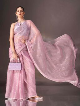 Tikhi Imli - Mauve Sequin Embroidered Shimmer Chiffon Saree with Tassels On Pallu & Unstitched Blouse