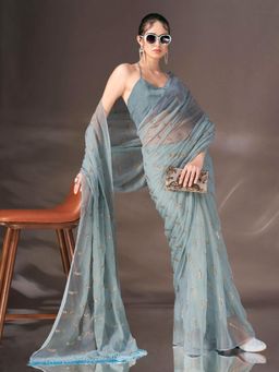 Tikhi Imli - Blue Sequin Embroidered Shimmer Chiffon Saree with Tassels On Pallu & Unstitched Blouse