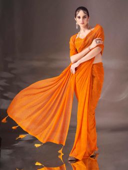 Tikhi Imli - Orange Colored Striped Saree with Tassels On Pallu with Unstitched Blouse