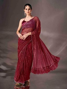 Tikhi Imli - Ready To Wear Maroon Colored Lycra Saree with Unstitched Blouse