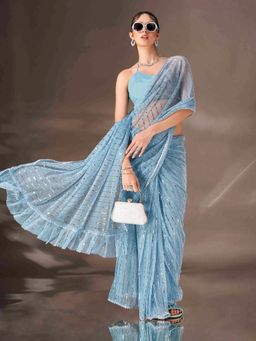 Tikhi Imli - Ready To Wear Blue Colored Lycra Saree with Unstitched Blouse