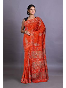 Unnati Silks - Red Pure Napthol Hand Block Painted Soft Cotton Saree with Unstitched Blouse