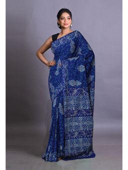 Unnati Silks - Navy Blue Pure Napthol Hand Block Painted Soft Cotton Saree with Unstitched Blouse
