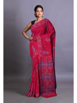 Unnati Silks - Red Pure Napthol Hand Block Painted Soft Cotton Saree with Unstitched Blouse
