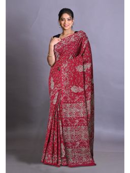 Unnati Silks - Dark Maroon Pure Napthol Hand Block Painted Soft Cotton Saree with Unstitched Blouse
