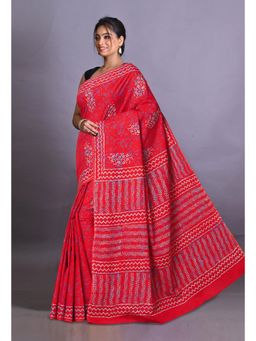 Unnati Silks - Red Pure Napthol Hand Block Painted Soft Cotton Saree with Unstitched Blouse