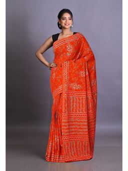 Unnati Silks - Orange Pure Napthol Hand Block Painted Soft Cotton Saree with Unstitched Blouse