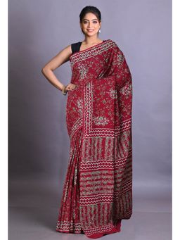 Unnati Silks - Dark Maroon Pure Napthol Hand Block Painted Soft Cotton Saree with Unstitched Blouse