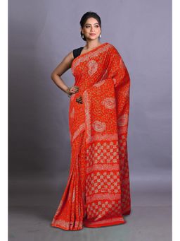 Unnati Silks - Red Pure Napthol Hand Block Painted Soft Cotton Saree with Unstitched Blouse