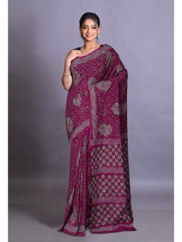 Unnati Silks - Dark Maroon Pure Napthol Hand Block Painted Soft Cotton Saree with Unstitched Blouse