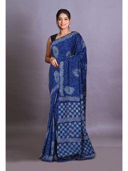 Unnati Silks - Navy Blue Pure Napthol Hand Block Painted Soft Cotton Saree with Unstitched Blouse