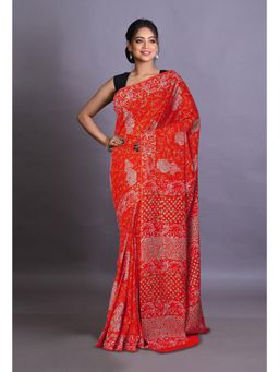 Unnati Silks - Orange Pure Napthol Hand Block Painted Soft Cotton Saree with Unstitched Blouse