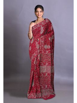 Unnati Silks - Dark Maroon Pure Napthol Hand Block Painted Soft Cotton Saree with Unstitched Blouse