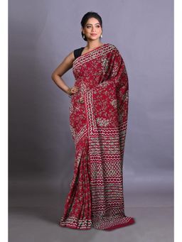 Unnati Silks - Dark Maroon Pure Napthol Hand Block Painted Soft Cotton Saree with Unstitched Blouse