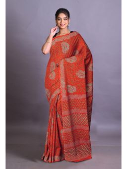 Unnati Silks - Orange Pure Napthol Hand Block Painted Soft Cotton Saree with Unstitched Blouse
